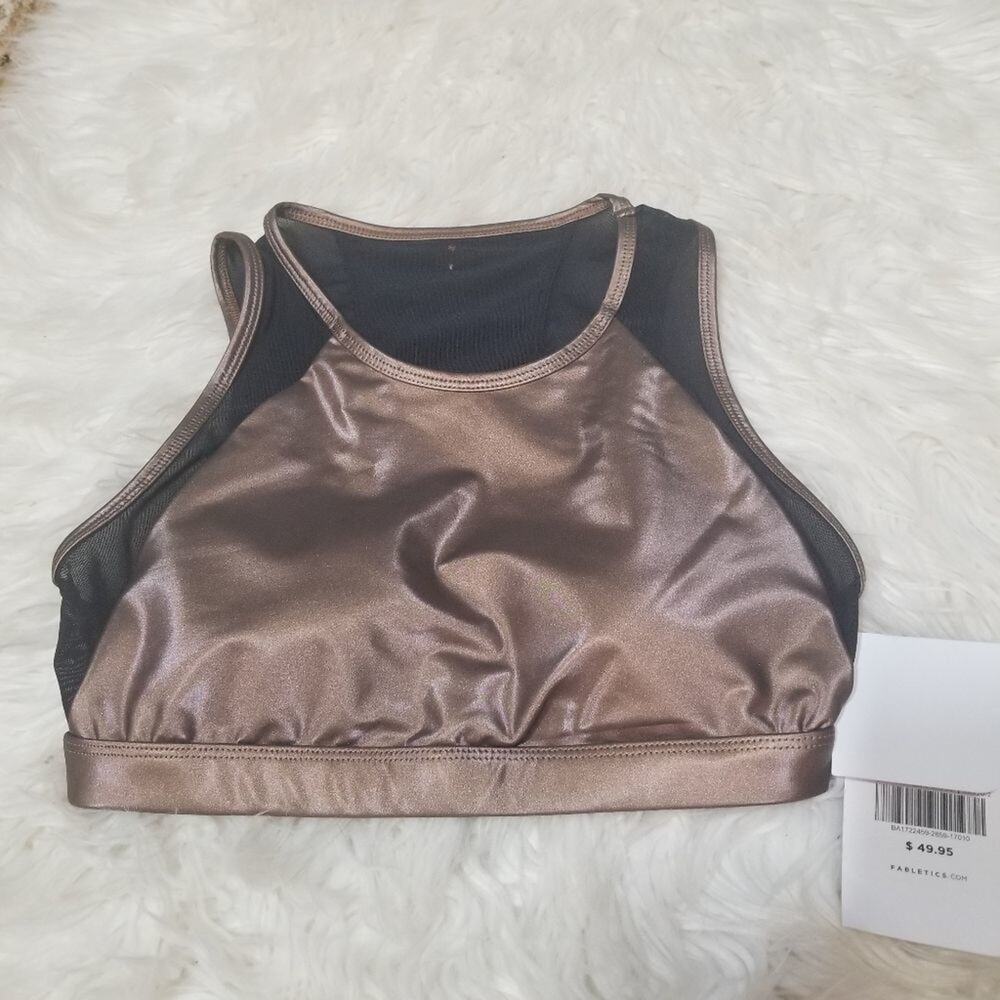NWT Fabletics Camryn Metallic Sports Bra XXS Bronze Copper Black Medium Support